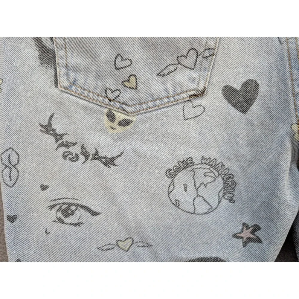 Y2K Wild Fable Denim Shorts Womens Sz 12 Graffiti Doodle Distressed Blue Cotton